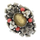 A citrine and imitation coral foliate ring.