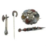 Four items of late 19th century silver hardstone jewellery, to include three brooches and one