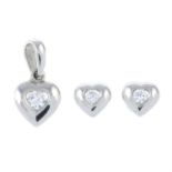 A pair of 9ct gold cubic zirconia heart-shape earrings, together with a matching pendant.