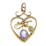 An early 20th century 9ct gold amethyst and split pearl heart-shape pendant.