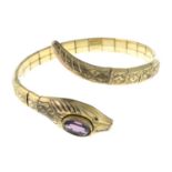 An early 20th century snake bangle, with amethyst highlight.