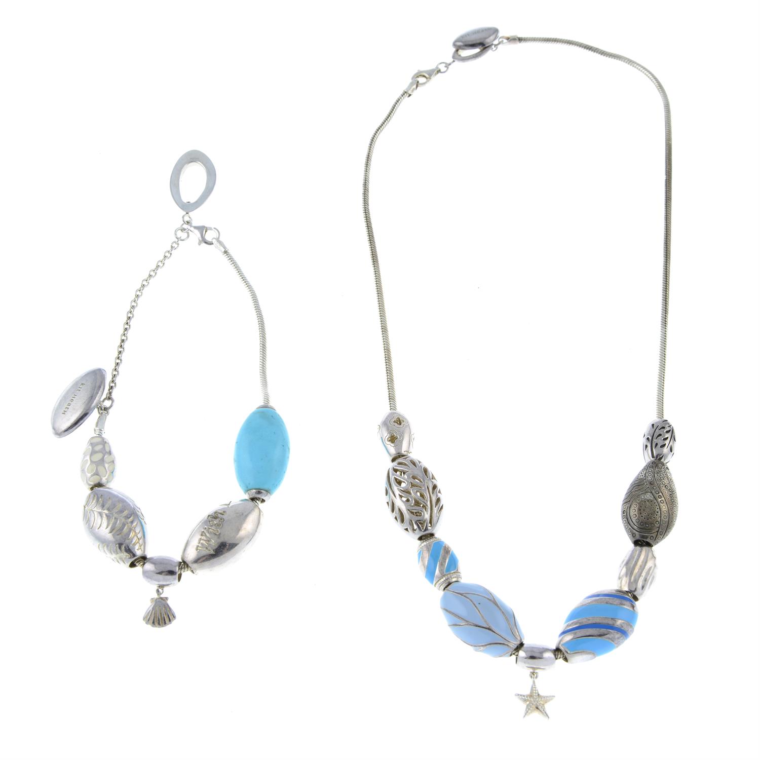 A necklace with enamel bead and bracelet with howlite and enamel beads, by Kit Heath.