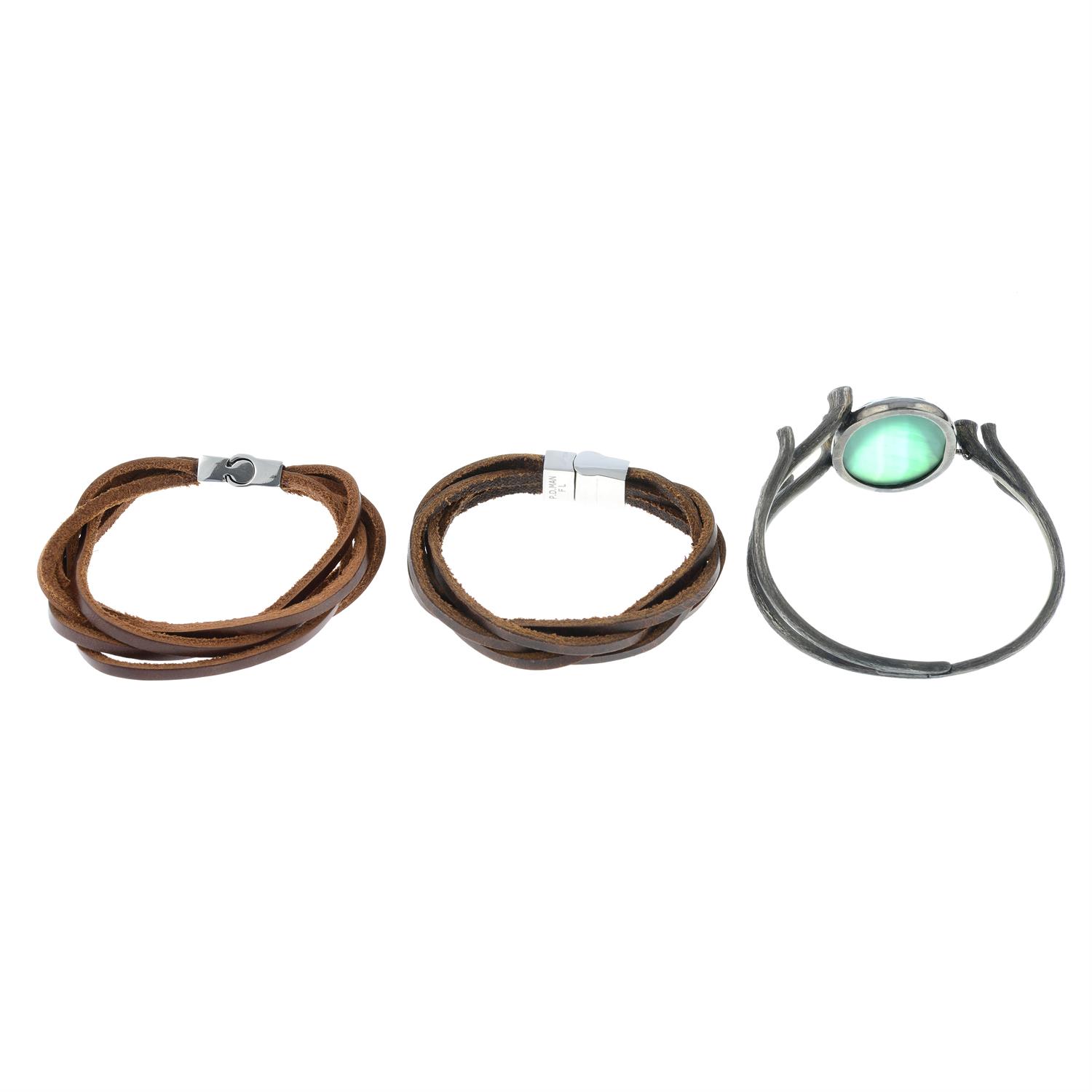 Two brown fabric bracelets, by P D Mann, together with a vari-hue paste bangle. - Image 2 of 2