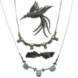 Four items of gem-set jewellery, to include a marcasite bird brooch.