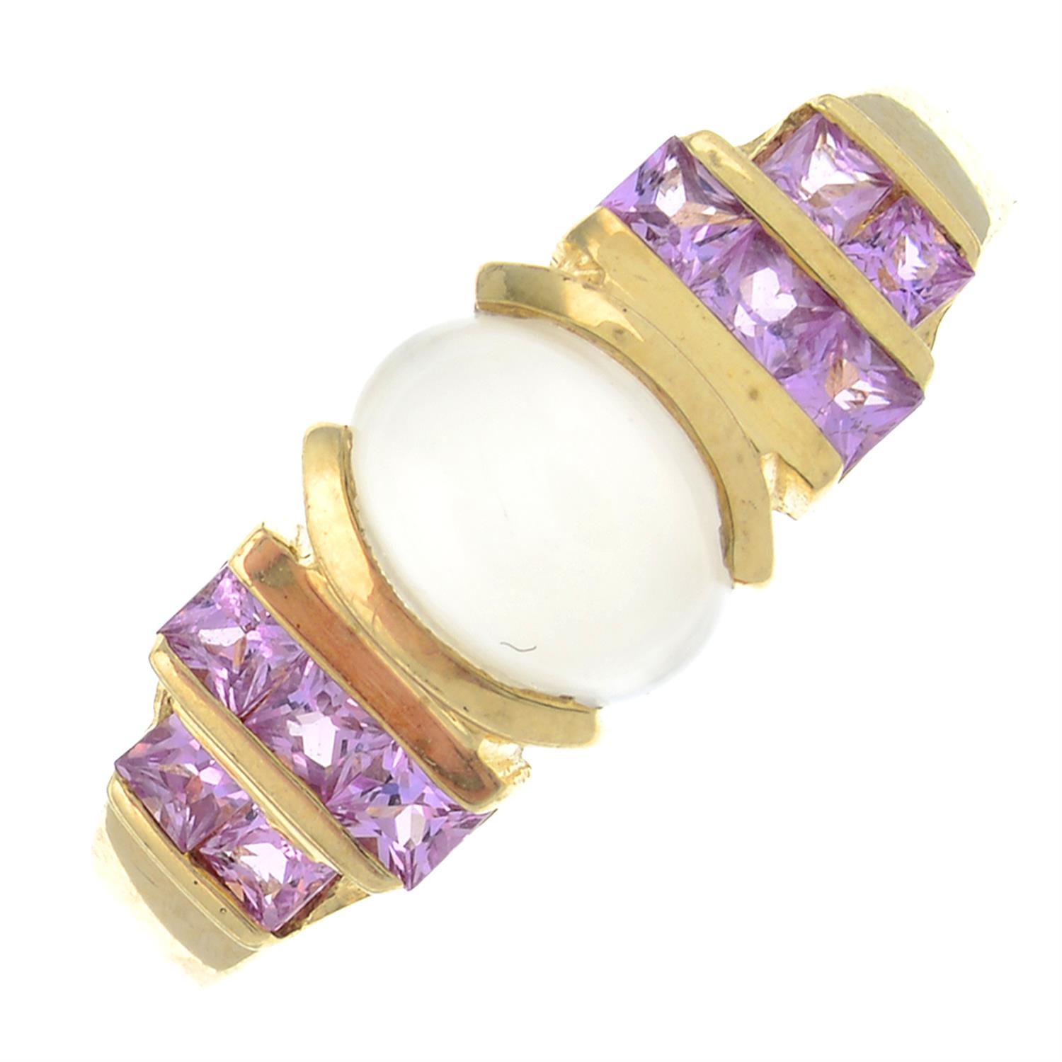 A 9ct gold moonstone and pink sapphire ring.