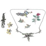 Six pieces of marcasite and enamel jewellery, to include a necklace, three brooches and two pairs