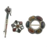 Three late 19th century silver agate and hardstone brooches.