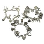 A silver charm bracelet, together with two further charm bracelets, suspending various charms.