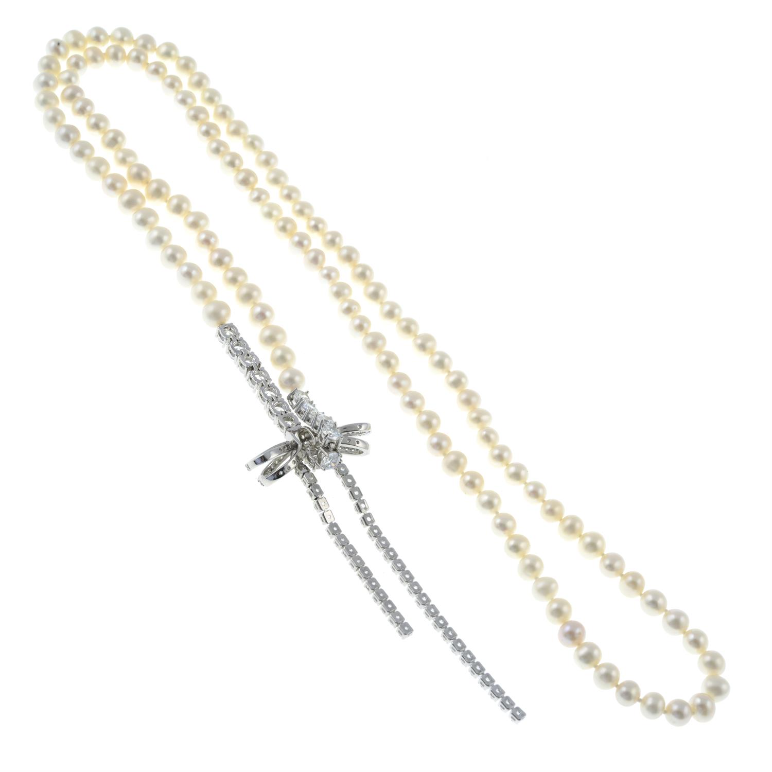 A cultured pearl single-strand necklace, with colourless cubic zirconia bow detail. - Image 2 of 2