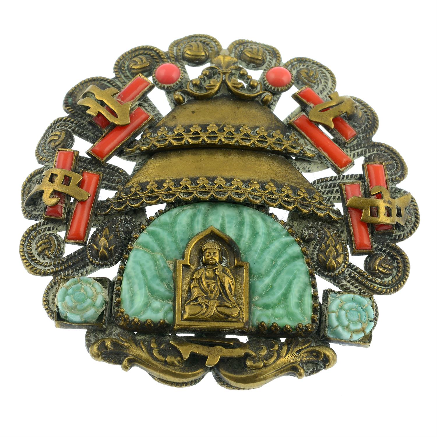 A coral and amazonite brooch, depicting a Buddha.