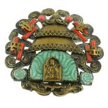 A coral and amazonite brooch, depicting a Buddha.