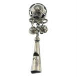 A late 19th century silver baby toy, including rattle and whistle components.