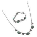 An early 20th century silver turquoise and marcasite necklace, with matching bracelet.