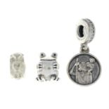 Three charms, by Pandora, to include a frog and a St. Christopher.