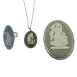 Three items of Jasperware jewellery, by Wedgwood, to include a ring, pendant and brooch.