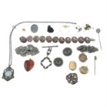 A selection of antique and later jewellery, to include a mother-of-pearl and marcasite religious