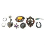 A selection of late Victorian and later gem-set jewellery, to include five brooches,