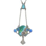 An Arts and Craft silver enamel drop necklace, by Charles Horner.