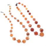 Two graduated agate single-strand bead necklaces, with clear glass bead spacers.