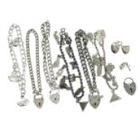 A small selection of silver and white metal bracelets and charms.