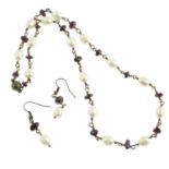 A cultured pearl and garnet bead necklace, together with a pair of matching earrings.