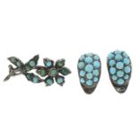 A pair of turquoise ear clips, together with a turquoise floral brooch.