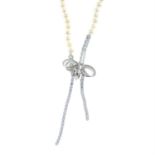 A cultured pearl single-strand necklace, with colourless cubic zirconia bow detail.