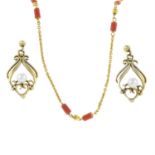 A trace-link necklace, with coral bead spacers, together with a pair of cultured pearl drop