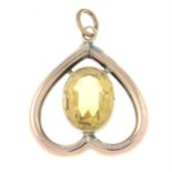 An early 20th century 9ct gold citrine heart-shape pendant.