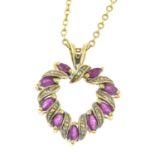 A 9ct gold ruby and diamond heart-shape pendant, with trace-link chain.