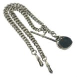 A late Victorian silver curb-link albert chain, with T-bar and carnelian and bloodstone swivel fob.