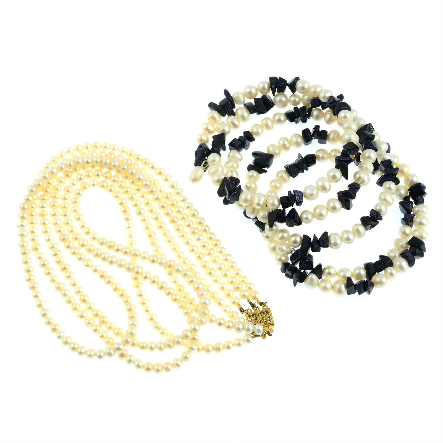A cultured pearl three-row necklace, together with a cultured pearl and paste coil bracelet. - Image 2 of 2