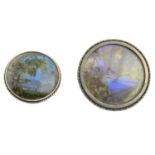 Two early 20th century silver butterfly wing brooches, one with painted scene.