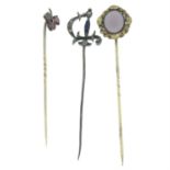 Four late 19th century gem-set stickpins.