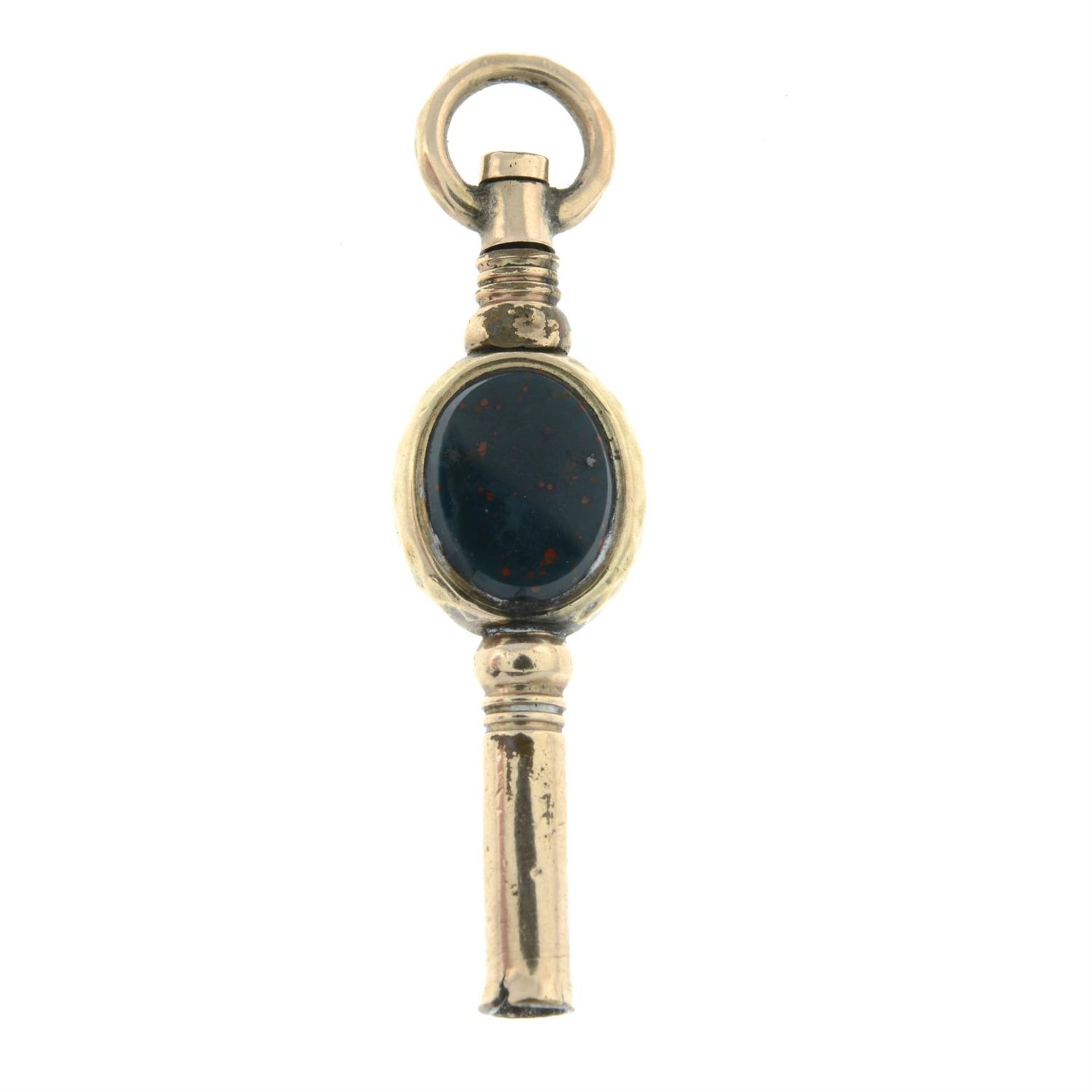 A late 19th century carnelian and bloodstone watch key.