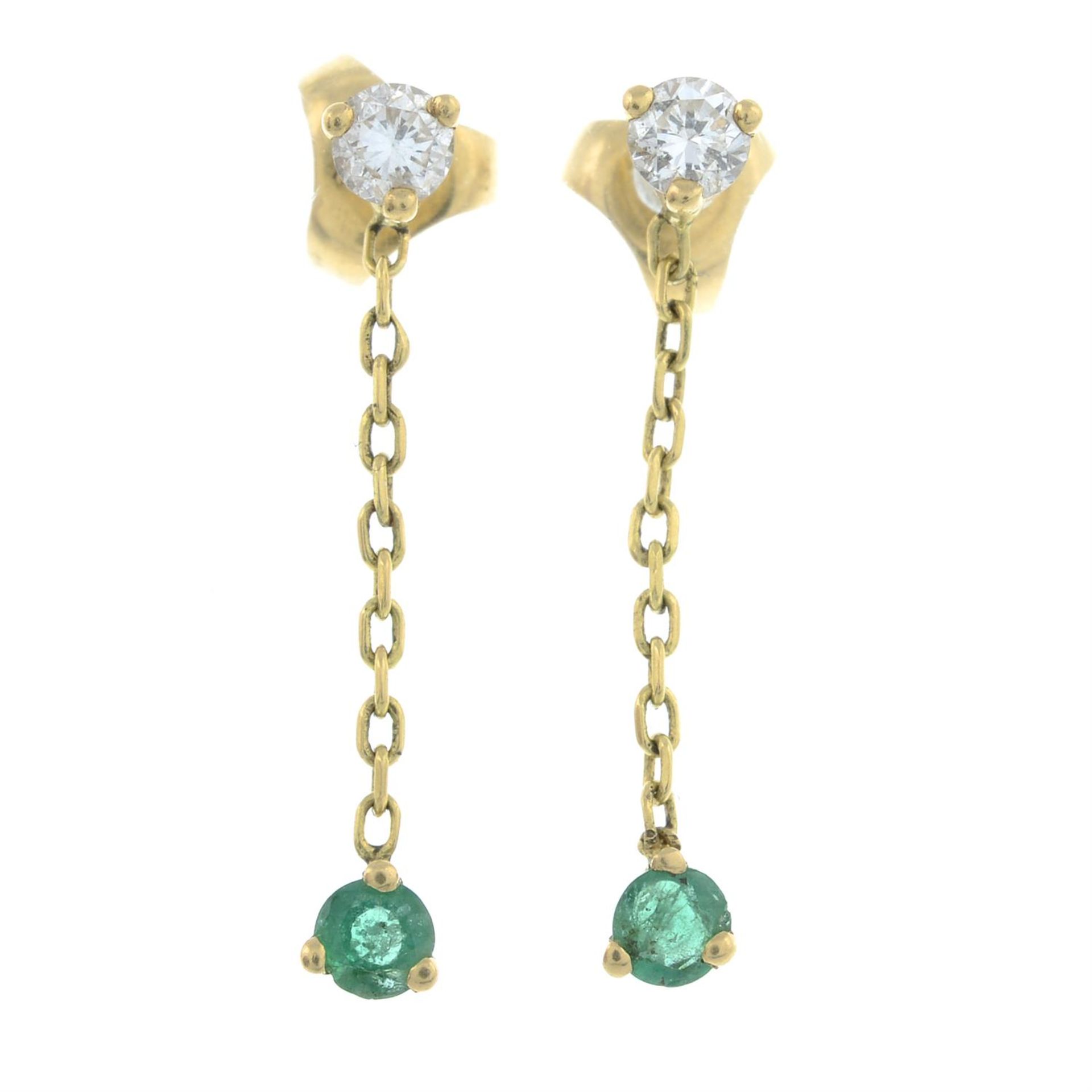 A pair of emerald and diamond drop earrings.