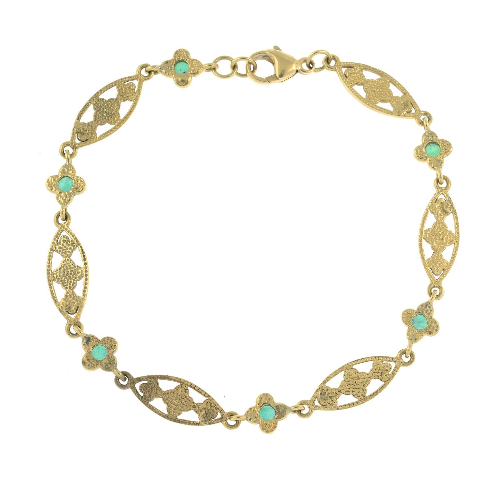 A 9ct gold emerald and split pearl openwork floral bracelet. - Image 2 of 2