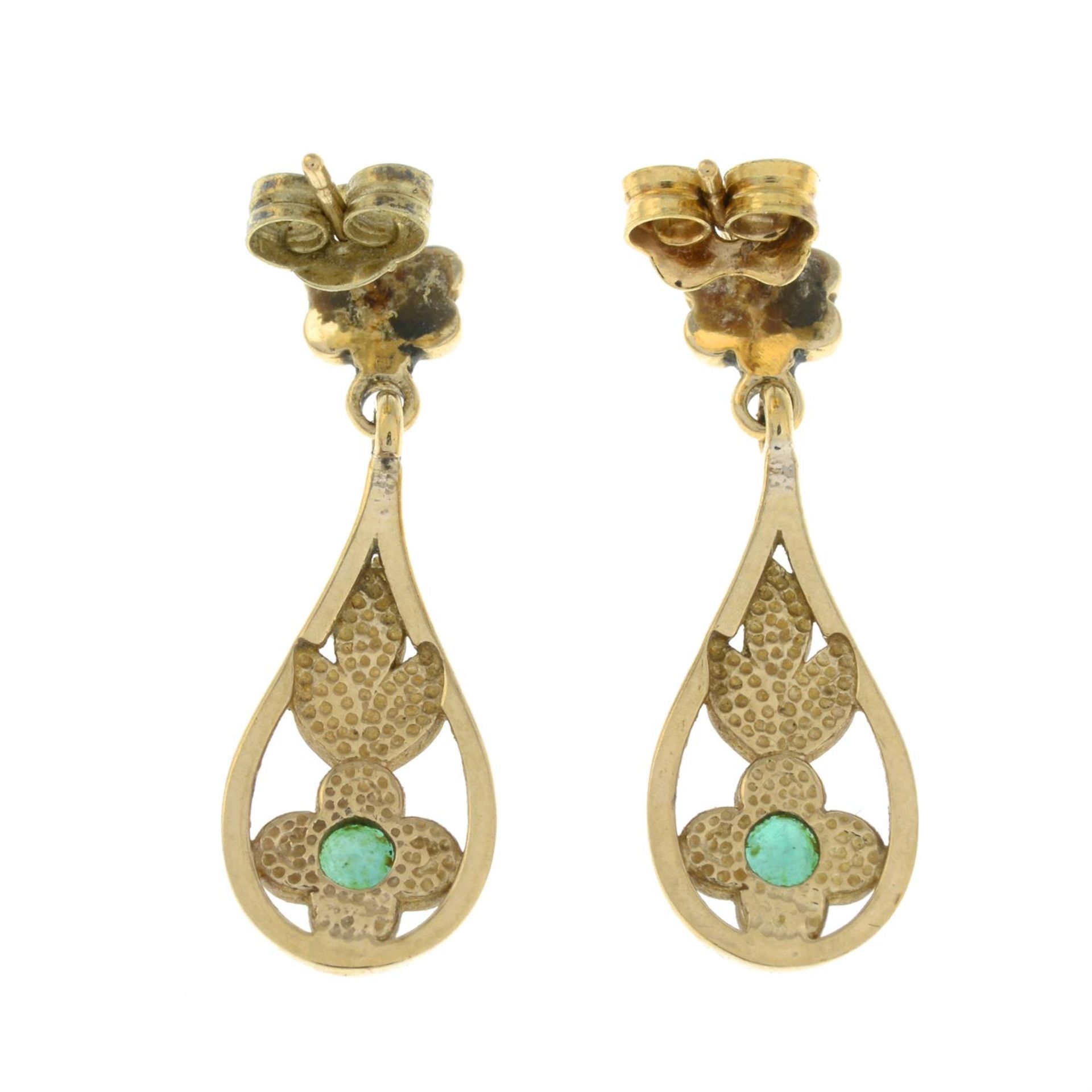 A pair of 9ct gold emerald and split pearl drop earrings. - Image 2 of 2