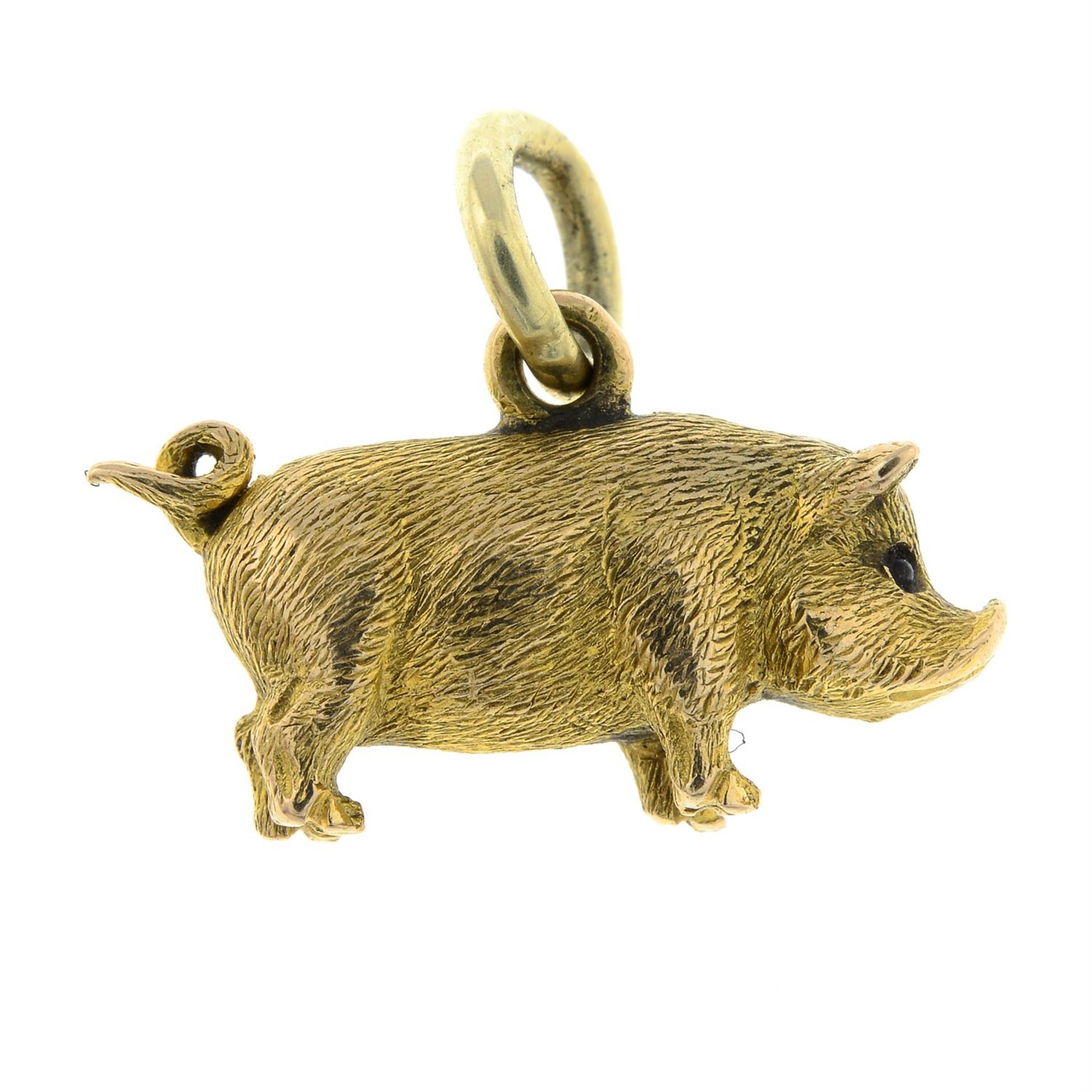 A late 19th century 18ct gold pig charm/ pendant, with ruby cabochon eyes. - Image 2 of 2