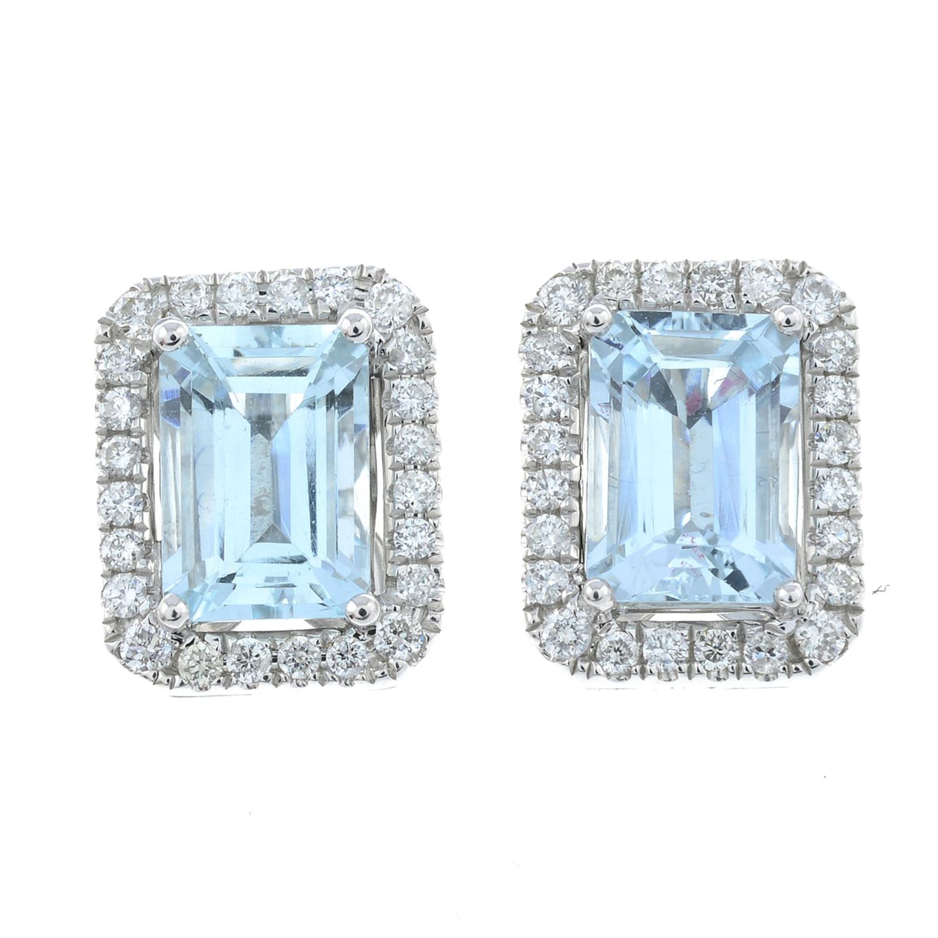 A pair of 18ct gold aquamarine and diamond rectangular-shape cluster earrings.