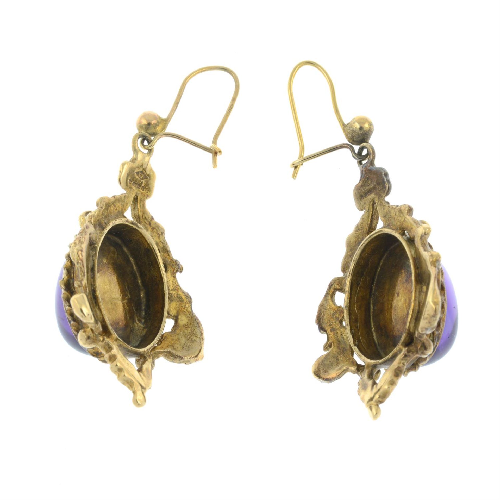 A pair of 9ct gold amethyst cabochon drop earrings. - Image 2 of 2