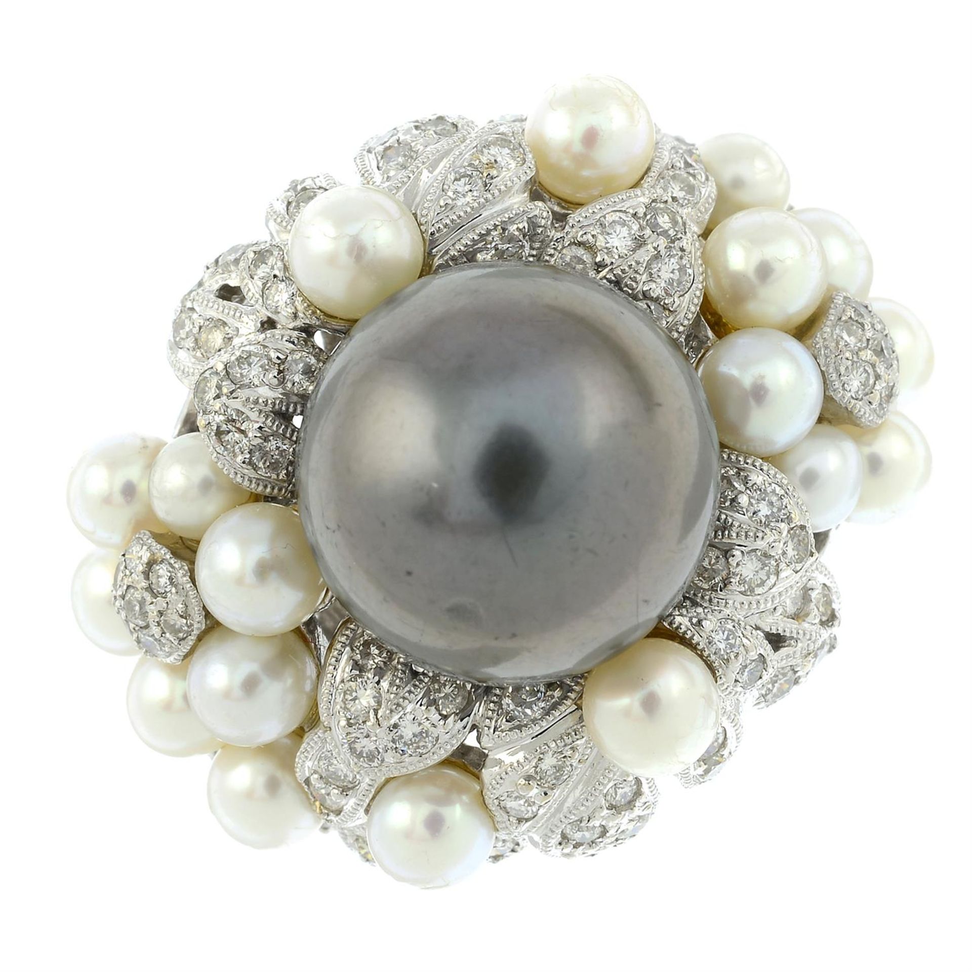 A 'Tahitian' grey cultured pearl, brilliant-cut diamond and cultured pearl floral bombé ring.