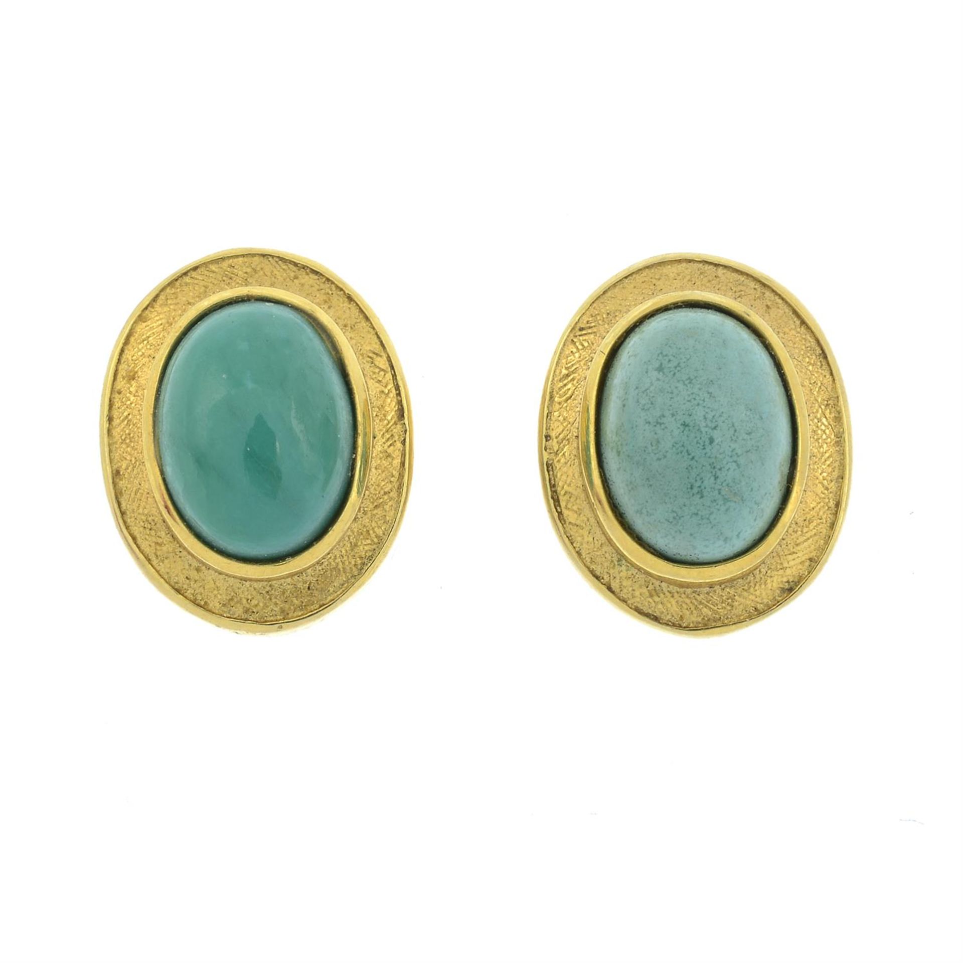 A pair of 9ct gold blue gem cabochon earrings.