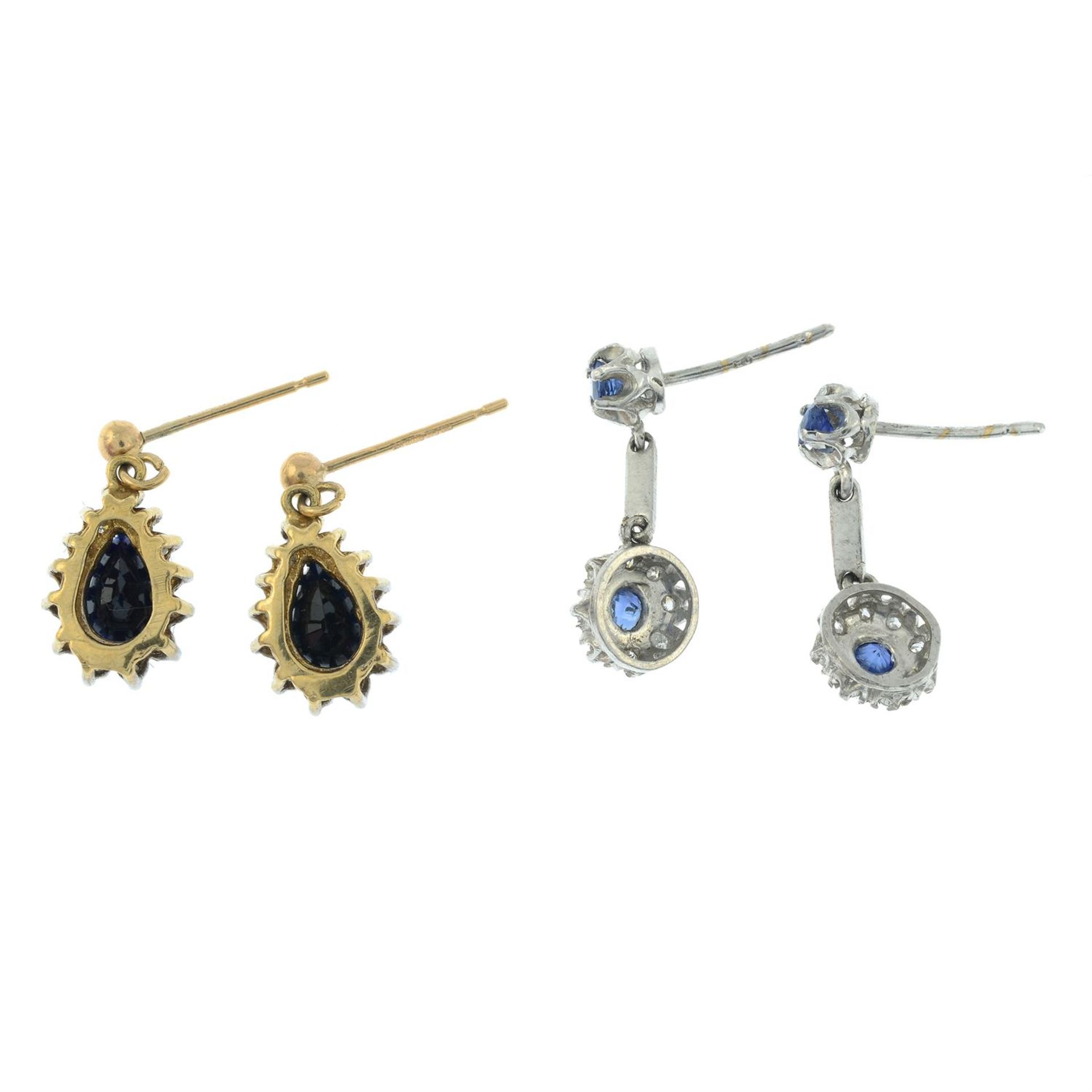 Two pair of 9ct gold sapphire and diamond drop earrings. - Image 2 of 2