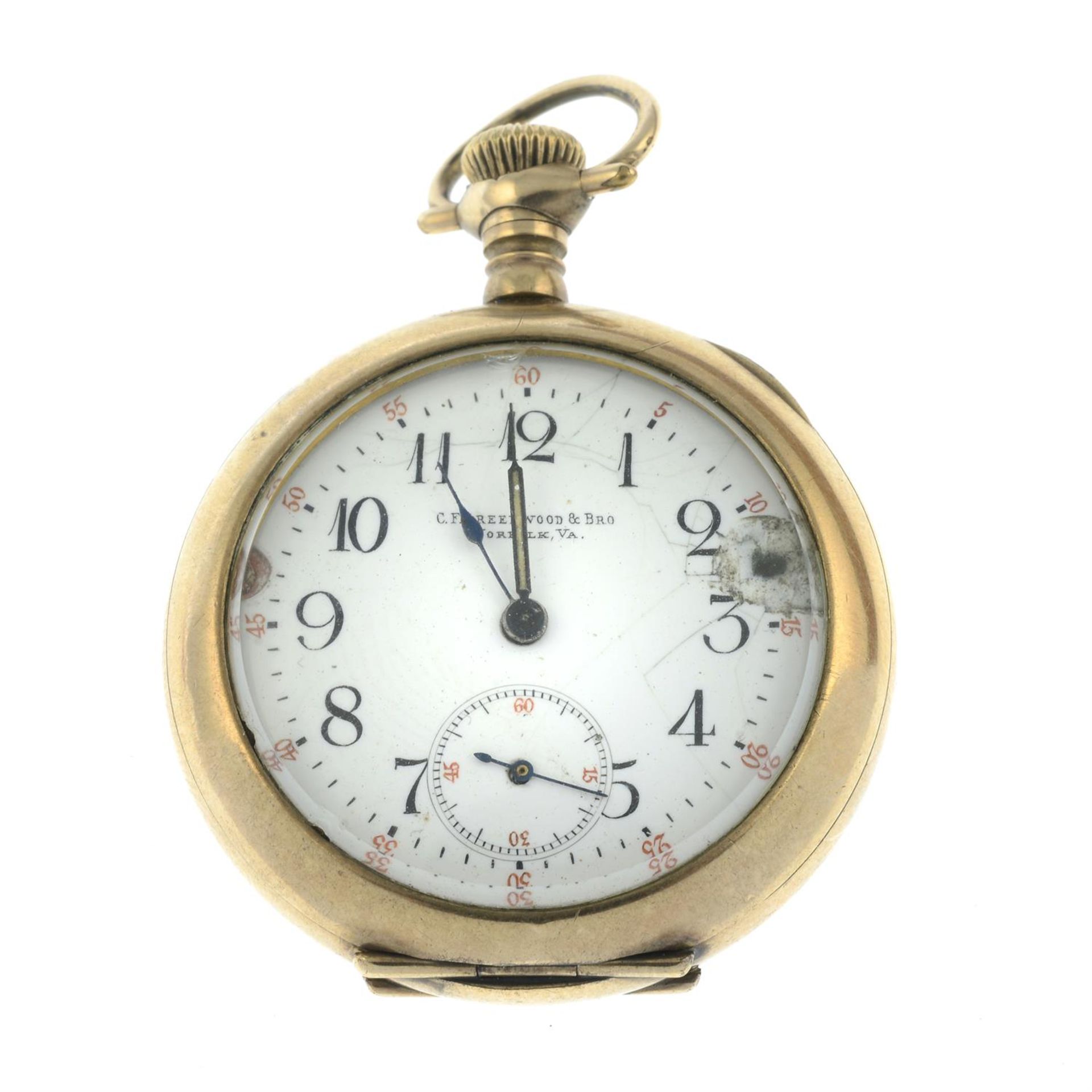 A late 19th century gold plated pocket watch, with engraved case.