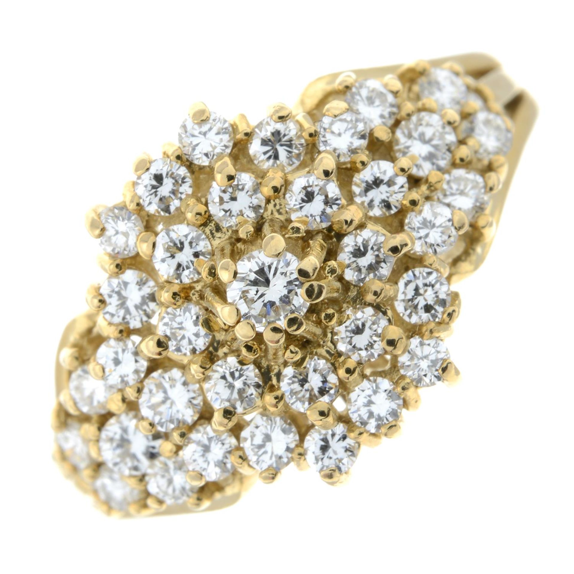 A brilliant-cut diamond cluster ring.