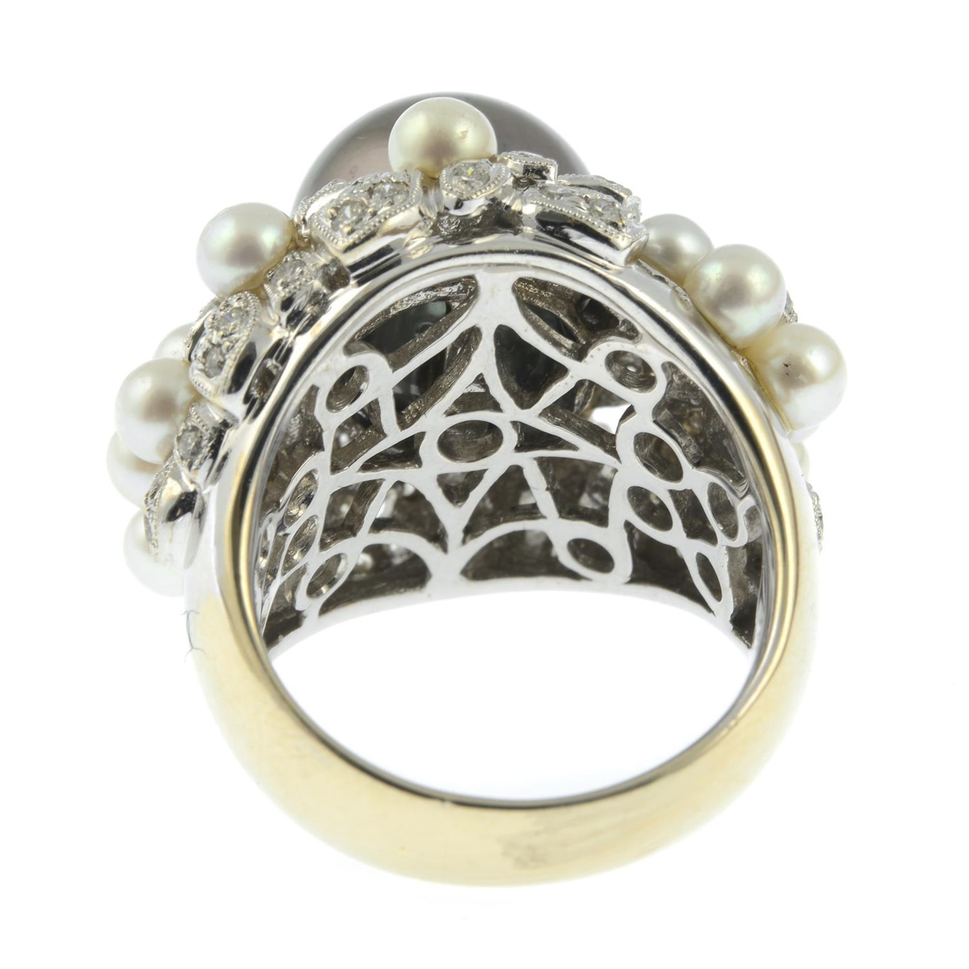 A 'Tahitian' grey cultured pearl, brilliant-cut diamond and cultured pearl floral bombé ring. - Image 3 of 3