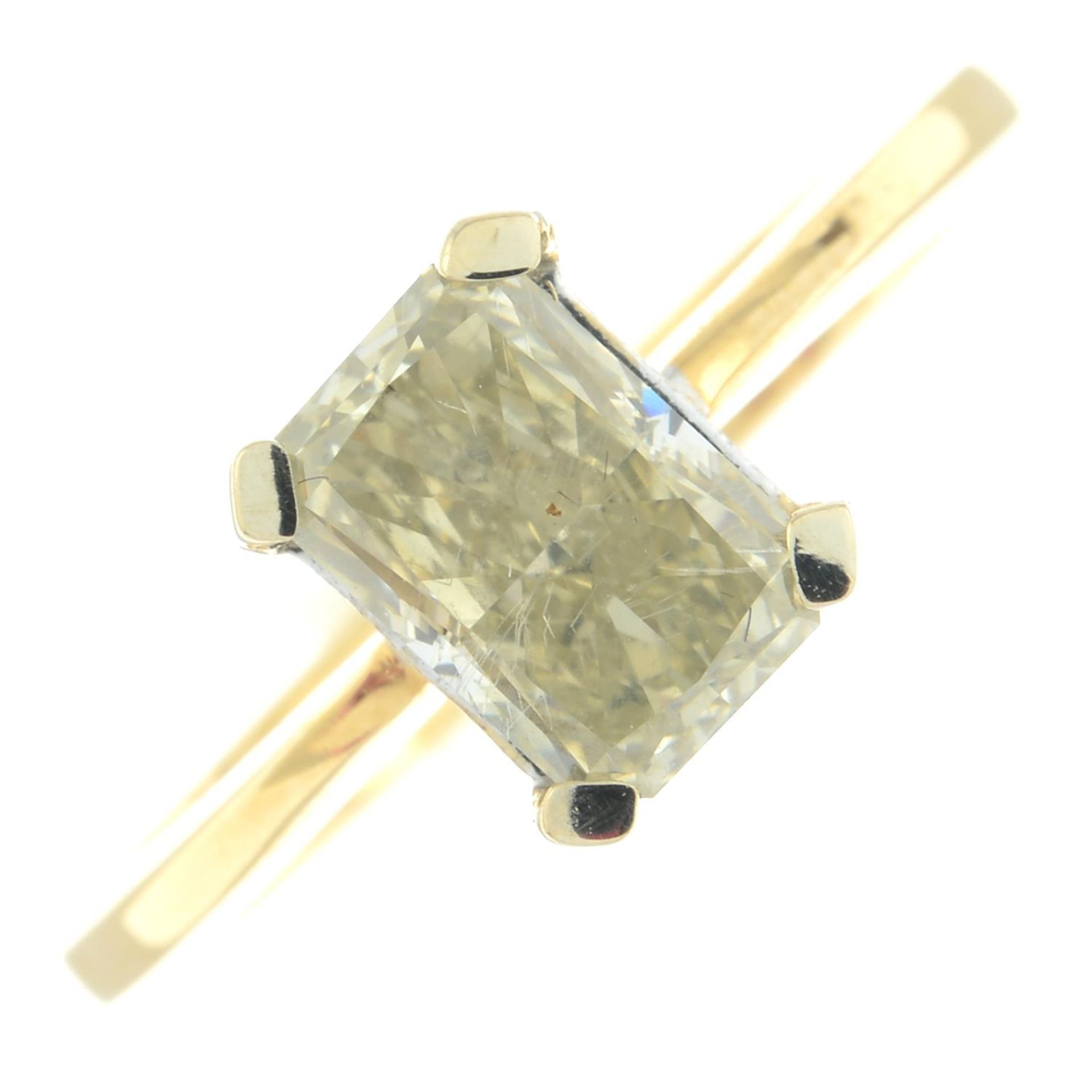 An 18ct gold rectangular-shape 'greenish yellow' diamond single-stone ring.