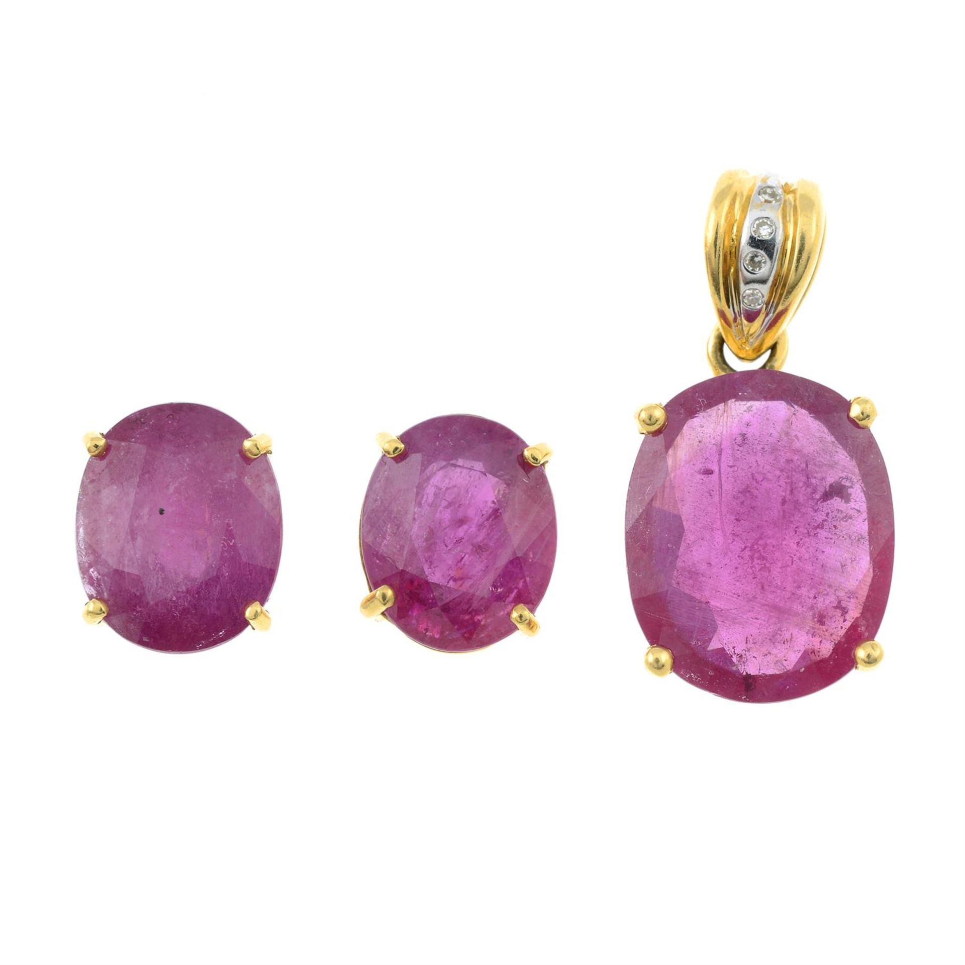 An 18ct gold glass-filled ruby and diamond pendant, together with a pair of glass-filled ruby