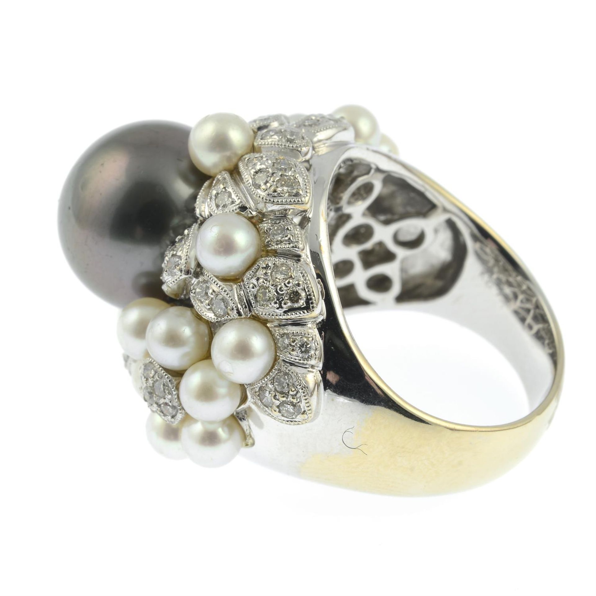 A 'Tahitian' grey cultured pearl, brilliant-cut diamond and cultured pearl floral bombé ring. - Image 2 of 3